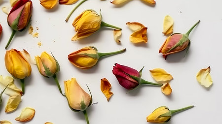 Flowers composition. Frame made of yellow and red roses on white background. Flat lay, top view, copy spaceの素材
