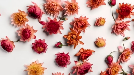 top view of pink and orange chrysanthemums on white backgroundの素材