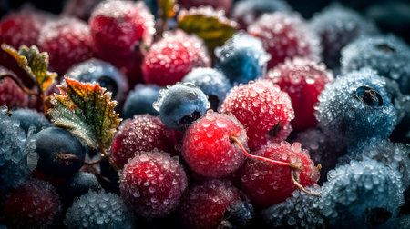 A mix of frozen fresh berries covered with frost and ice crystals. Generative AI technology.の素材
