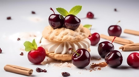 Meringue cake with cherries and cinnamon on a white backgroundの素材
