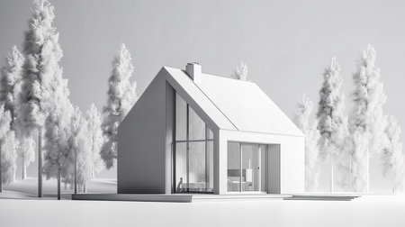 3d rendering of modern cozy house in the forest. Summer conceptの素材