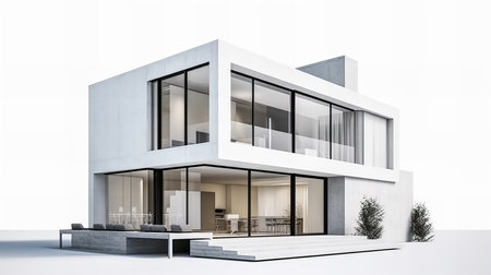Modern house exterior with white walls and wooden floor. 3d renderingの素材