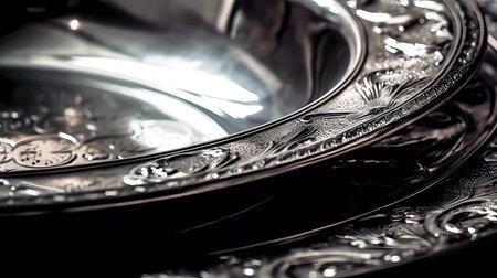 Close up of silver plates in a restaurant. Shallow depth of field.の素材
