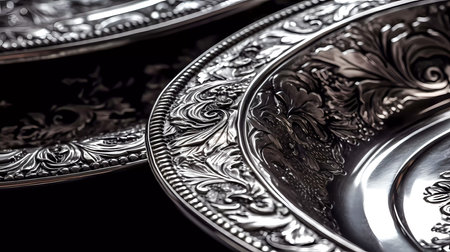 Closeup of vintage silver flat bowls with patterns on dark surface. Generative AI technology.の素材