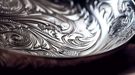 Closeup of vintage silver flat bowls with patterns on dark surface. Generative AI technology.の素材