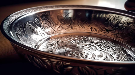 Close up of silver bowl on wooden table. Selective focus. Toned.の素材