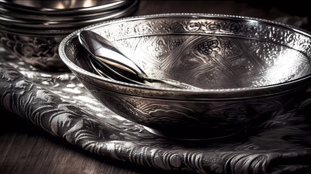 Vintage silverware on a wooden table. selective focus. Toned.の素材