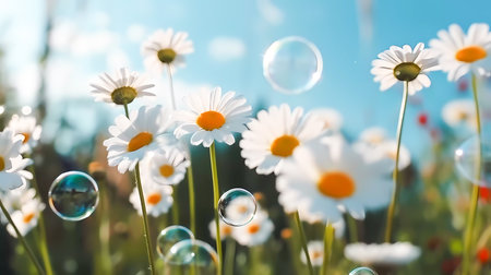 White daisies and soap bubbles on the background of blue skyの素材
