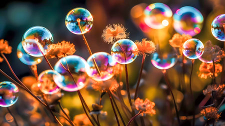 Soap bubbles in the garden with colorful bokeh background.の素材
