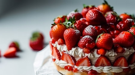 Strawberry cake with wrapped cream and fresh strawberries on a gray background. Generative AI technology.の素材