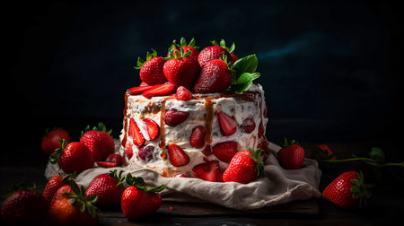 Strawberry cake with wrapped cream and fresh strawberries on a dark background. Generative AI technology.の素材