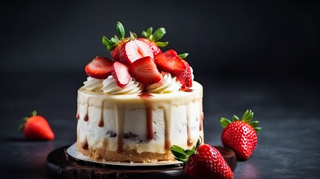 Strawberry cake with wrapped cream and fresh strawberries on a dark background. Generative AI technology.の素材