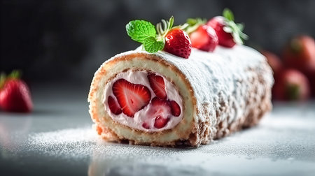 Strawberry roll cake with cream and fresh berries on black backgroundの素材