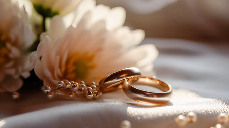Two wedding rings lie on light satin. Generative AI technology.の素材