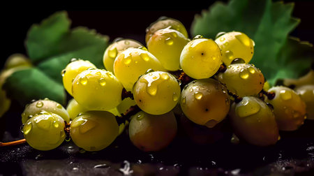 A fresh bunch of green grapes with dew drops lies on a dark wet surface. Generative AI technology.の素材