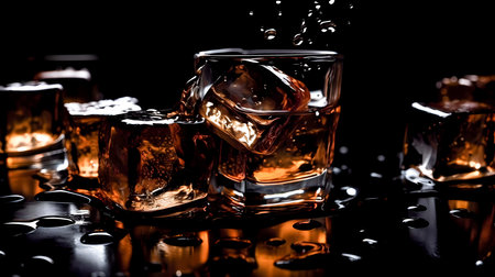 Glass of whiskey with ice cubes on black background. Close up.の素材