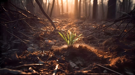 A young green sprout, illuminated by the sun's rays, grows on black soil. Generative AI technology.の素材