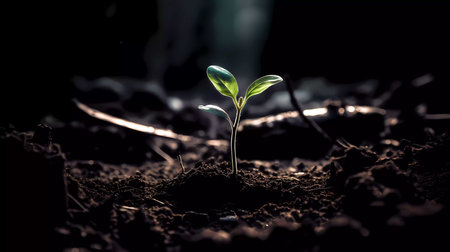 A young green sprout, illuminated by the sun's rays, grows on black soil. Generative AI technology.の素材