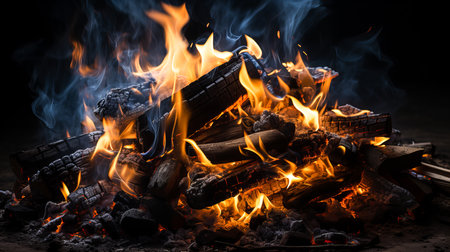 Bonfire with red-hot coals. A bright fire, the process of burning a pile of wood, with fire and sparks. On a dark background. Generative AI technology.の素材