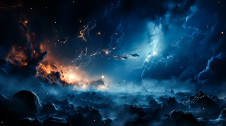 Space scene with stars, planets and asteroids in the galaxy. Panorama. Universe filled with stars, planets, asteroids, nebula and galaxy. Cosmic dust and fog. Generative AI technology.の素材