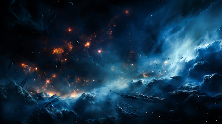 Space scene with stars, planets and asteroids in the galaxy. Panorama. Universe filled with stars, planets, asteroids, nebula and galaxy. Cosmic dust and fog. Generative AI technology.の素材
