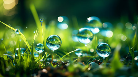 Bright colored flowers and grass. Soap bubbles. Magic light, bokeh. Illuminated by the light of the setting sun. Generative AI technology.の素材