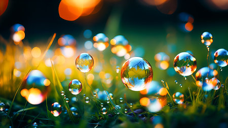 Bright colored flowers and grass. Soap bubbles. Magic light, bokeh. Illuminated by the light of the setting sun. Generative AI technology.の素材