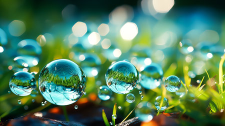 Close up of water drops on grass with bokeh background.の素材