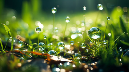 Fresh green grass with dew drops close up. nature background.の素材
