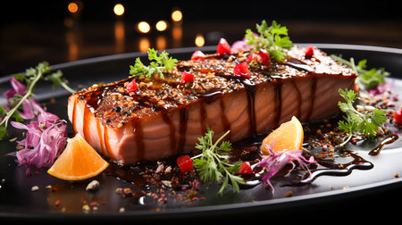 Baked tuna fillet on a plate, with spices, herbs and sauce. Dark background. Generative AI technology.の素材