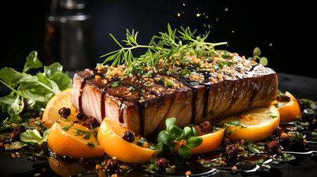 Baked tuna fillet on a plate, with spices, herbs and sauce. Dark background. Generative AI technology.の素材