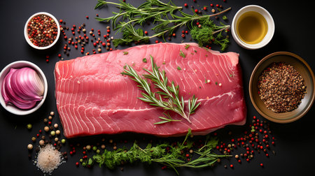 Isolated tuna fillet, with spices, herbs and sauce on a dark background. View from above. Generative AI technology.の素材