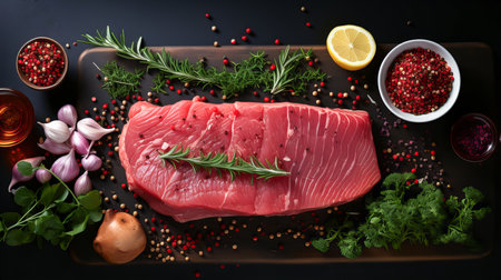 Fresh raw tuna steak with herbs, spices and vegetables on black backgroundの素材