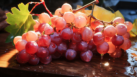 Bunch of ripe red grapes with water drops on a wooden tableの素材