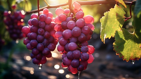 Vineyard A bunch of fresh wet red grapes hangs, illuminated by a ray of the sun. Generative AI technology.の素材