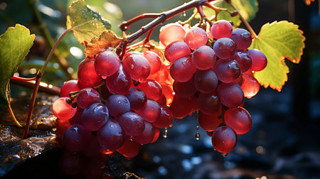 Bunch of red grapes with water drops on the vineyards in autumnの素材