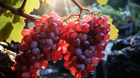 Ripe red grapes in the vineyard at sunset, close upの素材