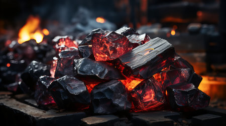 Red-hot pieces of coal on a dark background. Generative AI technology.の素材