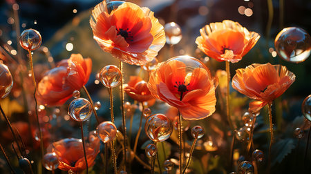 Red poppies and soap bubbles in the rays of the setting sunの素材