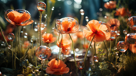 Poppies in the garden with dew drops. beautiful floral backgroundの素材