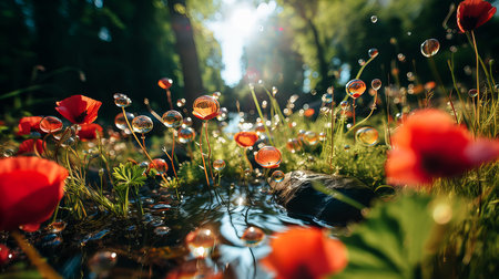 Red poppies with large soap bubbles, illuminated by the rays of the sun, grow on the lawn. Generative AI technology.の素材