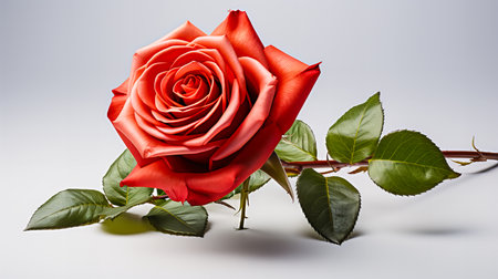 Red rose on white background. Red rose with green leaves on white background.の素材