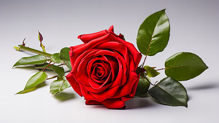 Red rose with green leaves isolated on white background. studio shot.の素材