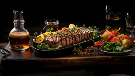 grilled tuna steak with lemon and herbs on a wooden board on a black backgroundの素材