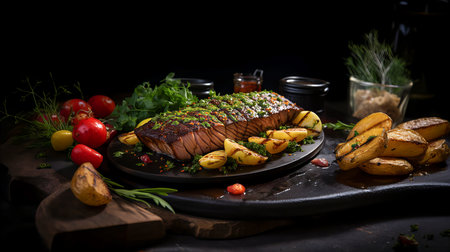Grilled pork loin with baked potatoes and vegetables on black backgroundの素材