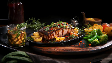 Baked tuna fillet, with spices, herbs and sauce. Dark background. Generative AI technology.の素材