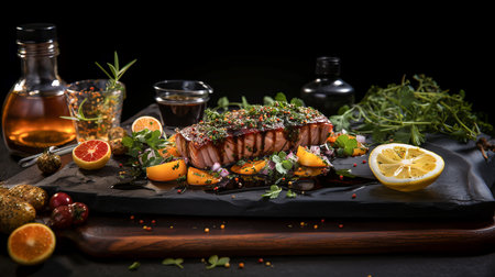 Baked tuna fillet, with spices, herbs and sauce. Dark background. Generative AI technology.の素材