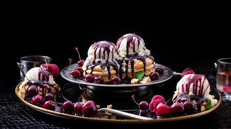 A dessert of ice cream, cookies and cherries, drizzled with syrup. In a deep plate. On a dark background. Generative AI technology.の素材