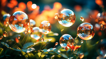 Transparent soap bubbles on plants and flowers, illuminated by the rays of the evening sun. Magic light, bokeh. Generative AI technology.の素材