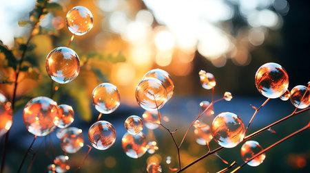 Transparent soap bubbles on plants and flowers, illuminated by the rays of the evening sun. Magic light, bokeh. Generative AI technology.の素材